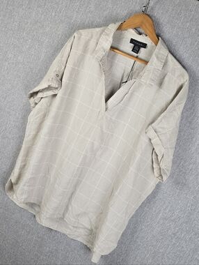 Tahari Linen Blend V-Neck Blouse Cream Womens Sz 2X